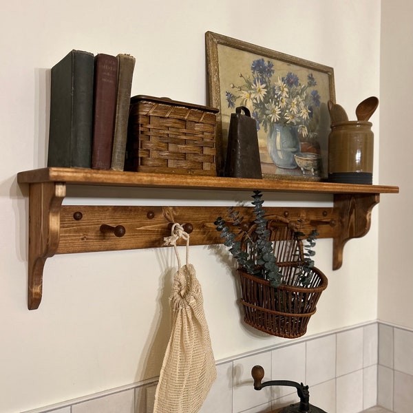 Estante Shaker con clavijas y repisa, repisa con clavijas teñida, perchero Shaker con clavijas, repisa para barra de café, repisa con ganchos, repisa de madera con clavijas, repisa teñida