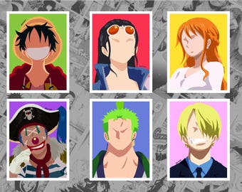 May include: Six colorful minimalist portraits of characters from the anime series One Piece. Each portrait is set against a different colored background and features a character with simplified facial features and bold colors. The background is a comic book style.