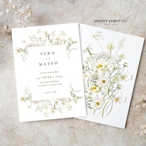 Blumige Hochzeitseinladung / Hochzeitseinladung weiße Blume / Botanische Hochzeitseinladung / Vera