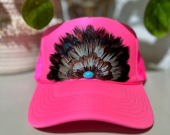 NEON FEATHER TRUCKER, Concert Hat, Concert, feather hat, hats, SnapBack, trucker hat