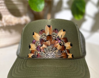 Olive Green Feathered Trucker, Feather Trucker Hat, Cowgirl Hat, Feather Hat, Country Concert Hat, Trendy Country Hat, Trucker Hat
