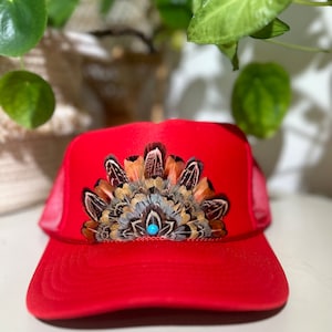 Red Feather Trucker Hat: Trendy Cowgirl Concert Hat
