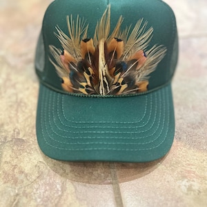 Forest Green Feathered Trucker, Feather Trucker Hat, Cowgirl Hat, Feather Hat, Country Concert Hat, Trendy Country Hat, Trucker Hat