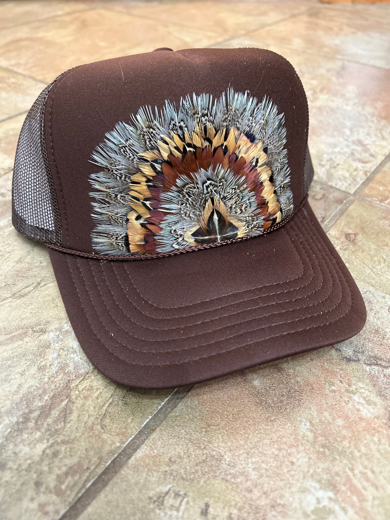 Brown Feathered Trucker, Feather Trucker Hat, Cowgirl Hat, Feather Hat ...
