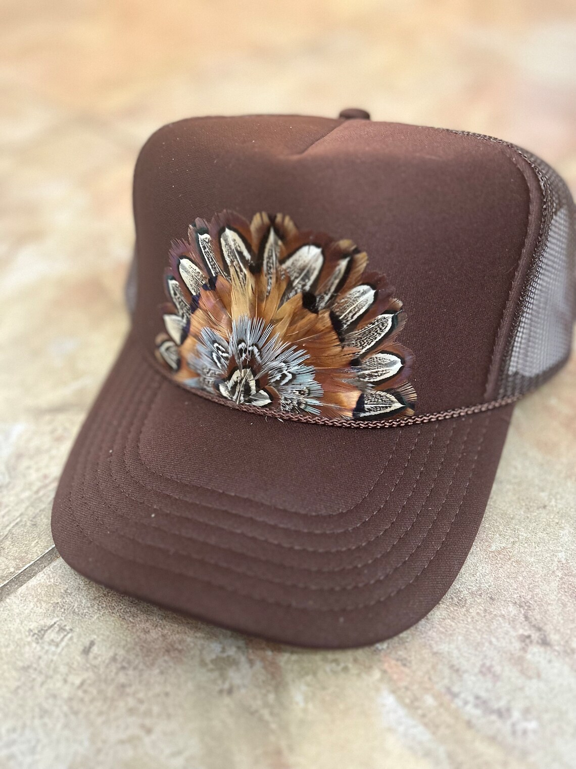 Brown Feathered Trucker, Feather Trucker Hat, Cowgirl Hat, Feather Hat ...