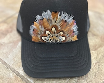Black Feathered Trucker, Feather Trucker Hat, Cowgirl Hat, Feather Hat, Country Concert Hat, Trendy Country Hat, Trucker Hat