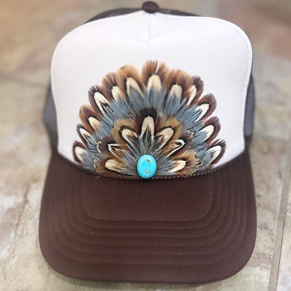 Brown/Cream Feathered Trucker, Feather Trucker Hat, Cowgirl Hat, Feather Hat, Country Concert Hat, Trendy Country Hat, Trucker Hat
