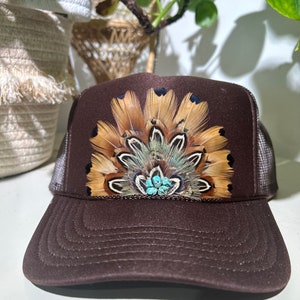 Brown Feathered Trucker Hat: Trendy Country Concert Cowgirl Hat
