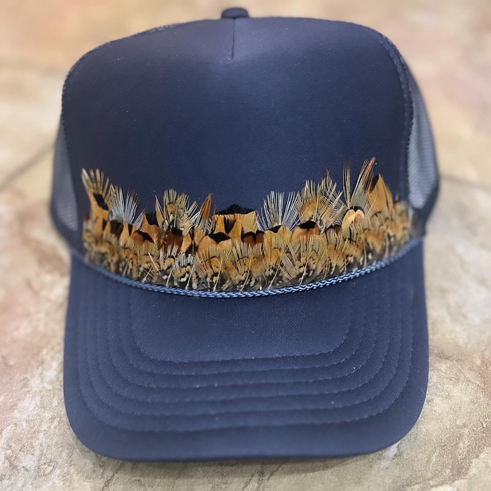 Navy Feathered Trucker, Feather Trucker Hat, Cowgirl Hat, Feather Hat ...