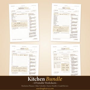 Puede incluir: Cuatro hojas de trabajo imprimibles para la cocina. Las hojas de trabajo incluyen un planificador de hidratación, un programa de horneado, un rastreador de salud de iniciación y una revisión de migas. El texto "Kitchen Bundle" y "- 4 Printable Worksheets -" son visibles.