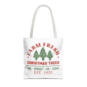 Vintage Style Christmas Tree Farm on White Tote Bag, Festive Tote Bag