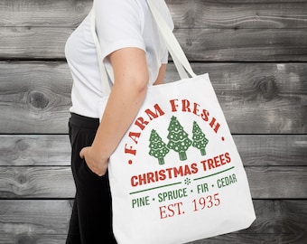 Farm Fresh Christmas Trees Vintage Tote Bag, Winter Holiday Scene Bag