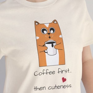 Cat Drinking Coffee T-shirt, Novelty Cat And Coffee Lover T-Shirt, Gift T-Shirt for Animal Lovers, Cat People Tee, Funny Cat Lover T-Shirt