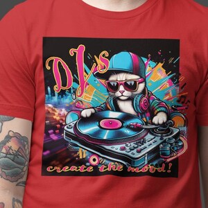 Trendy Cool Cat DJ T-Shirt, Create the Mood Unisex Jersey Short Sleeve Tee, DJ Mixer T-Shirt Gift, Cat Lover, Women&#39;s T-Shirt, Men&#39;s Shirt