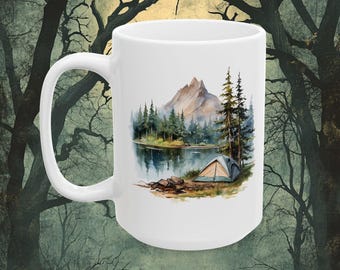 Serene Mountain Campsite Mug, 15 oz Large Coffee Cup, Calm Camping Scene