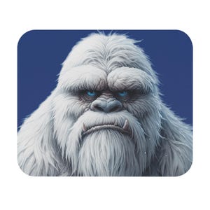 May include: A close-up of a white yeti with blue eyes and a fierce expression. The yeti is against a blue background.