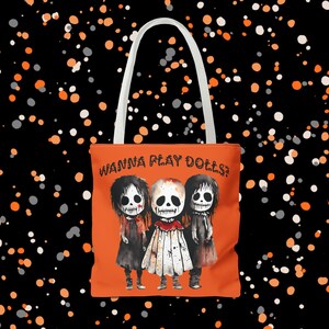 Voodoo Dolls Tote Bag, Wanna Play Dolls, Halloween Trick or Treat Bag, Orange Shoulder Bag, Creepy Gothic Handbag, Occult Bag, Witchcraft