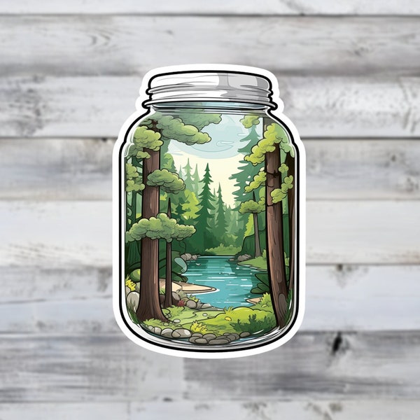 Nature in a Jar Vinyl Sticker - Tranquil Forest and Stream Scenery Vinyl Sticker - Perfect Gift for Laptops, Planners, Stanley Water Bottles