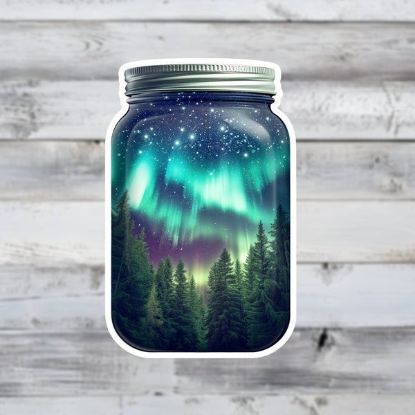Northern Lights in a Jar Vinyl Sticker - Night Forest Scene Sticker - Perfect Gift for Water Bottles, Laptops, Notebooks, Stanley and more