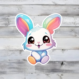 Cute Happy Rainbow Bunny Kawaii Vinyl Sticker - Pastel Rabbit Animal Decal - Perfect Gift for Laptops, Planners, Stanley Water Bottles