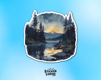 Watercolor Wilderness Camping Vinyl Sticker - Starry Night Lake Campfire Decal