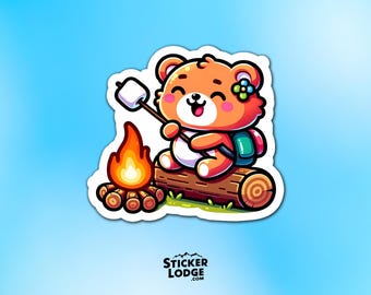 Happy Camper Kawaii Bear Vinyl Sticker - Campfire Marshmallow