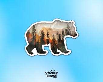 Bear and Forest Nature Silhouette Double Exposure Vinyl Sticker - Wilderness Vibe Decal