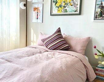 LINEN DUVET COVER plus pillowcases in baby pink, stonewashed linen bedding set for queen bed