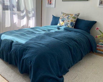 Juego de cama de lino azul oscuro: lino italiano orgánico lavado a la piedra, tamaño Queen