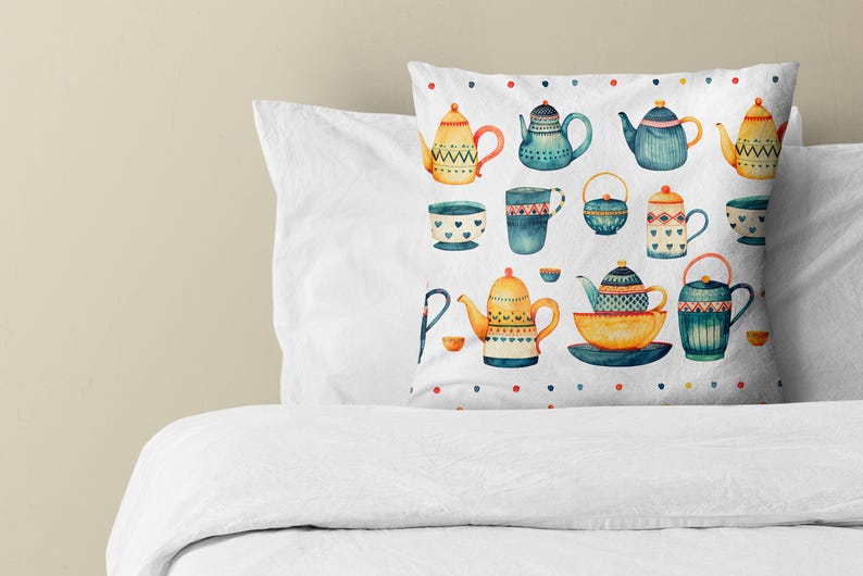 May include: A square throw pillow featuring a white background with a repeating watercolor pattern of various teapots, cups, and bowls in shades of blue, yellow, and orange, accented by a border of small colorful polka dots.