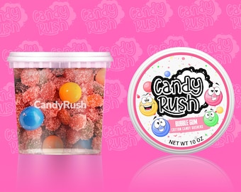May include: A clear plastic container filled with colorful candies, including large gumballs. The container has the "Candy Rush" logo. Next to it is a round container with the "Candy Rush" logo and the text "Bubble Gum Cotton Candy Gushers".