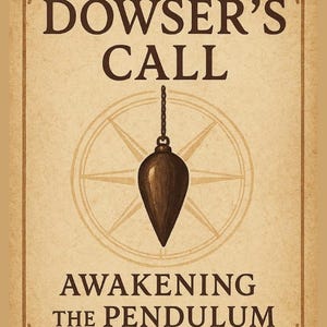 May include: A poster with the title "The Dowser's Call" in brown text. A pendulum hangs from a chain above a compass rose design. The text "Awakening the Pendulum" is at the bottom, all on a beige background. Decorative borders.