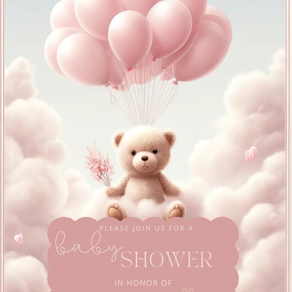 Baby shower invitation, baby girl shower invitation, Babyparty Einladung, Mädchen Babyparty Einladung, Teddy bear Einladung