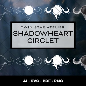 May include: A black and white logo design featuring a stylized image of a crescent moon with a star inside. The text "Twin Star Atelier Shadowheart Circlet" is below the logo. The text "AI. SVG. PDF. PNG" is at the bottom of the image.