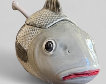 Vintage Majolica Fish-Shaped Soup Tureen with Lid and Ladle- Portuguese Craftsmanship 1950s