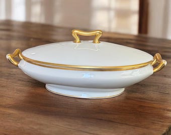 Antique Limoges France Elite Works Covered Serving Dish – White Porcelain with Gold Accents, c. 1896–1920