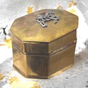 Vintage/Antique Octagonal Brass Trinket Box with Unicorn Top - with 48 etched