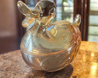 Vintage Jeanette Glass Carnival Duck Dish – 1960s Iridescent Marigold Lidded Candy or Trinket Dish