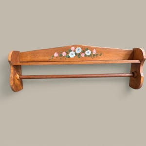 Vintage Hand-Painted Wood Shelf with Towel Rack- Cottagecore- Shabby Chic- 3 ft long