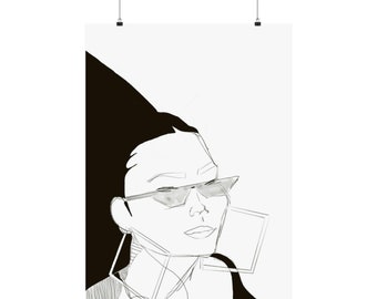 May include: Line art drawing of a person wearing sunglasses with a black and white background.
