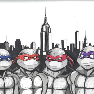 May include: A black and white ink illustration of four anthropomorphic turtles standing in front of a New York City skyline. The turtles wear masks in blue, red, red, and purple. The drawing features bold outlines and shading on the characters.