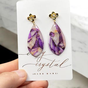 Crystal Purple Gold and Silver Marble, Flower Petal Earrings, Party & Wedding Earrings, Polymer Clay Handmade, Gold Plated Stainless Steel