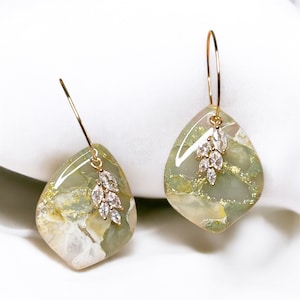 Sage Gold Marble Effect Earrings, Petal Shape Hoop, Party & Wedding Earrings, Polymer Clay Handmade, Gold Plated Stainless Steel