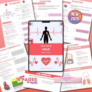 Puede incluir: Una guía de estudio ACLS digital, que se muestra en una tableta, rodeada de gráficos médicos. La guía presenta un diseño rojo y blanco con el texto "The Ultimate ACLS Study Guide". Otros gráficos muestran ritmos y anatomía de ECG. La imagen también dice "Descarga digital".