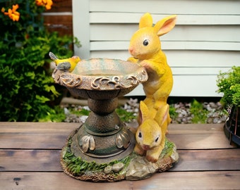 Rabbit Bird Bath Garden Ornament with Solar Lights, Outdoor Statue Figurine, Water Proof Resin Sculpture