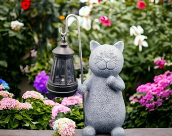 Statue de chat ornement de jardin avec lanterne solaire Décoration de jardin d'extérieur pour chat Sculpture de chat de jardin
