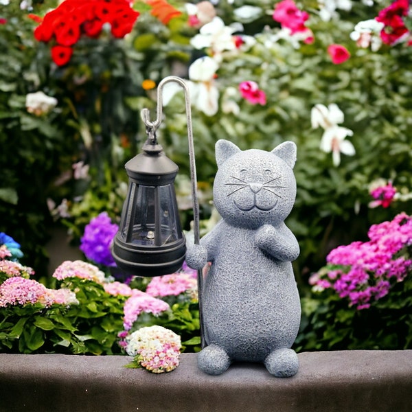 Cat Statue Garden Ornament with Solar Lantern Outdoor Cat Garden Ornament Garden Cat Sculpture