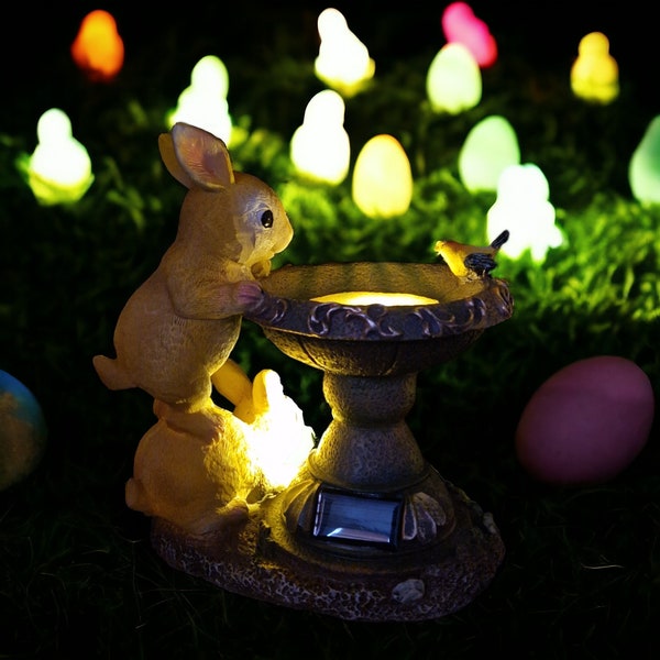 Rabbit Bird Bath Garden Ornament with Solar Lights, Outdoor Statue Figurine, Water Proof Resin Sculpture