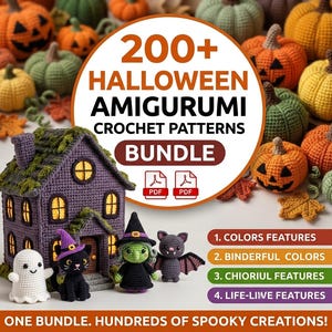 May include: A digital bundle of 200+ Halloween amigurumi crochet patterns featuring a purple crocheted house, a white ghost, a black cat with a purple hat, a green witch, and a bat, surrounded by various crocheted pumpkins and autumn leaves.