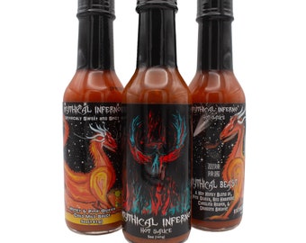 Mythisches Inferno Hot Sauce Bundle Box mit scharfer Soße, Habanero-Hotsauce, Carolina-Reaper-Sauce, handgemachtes würziges Geschenk, handwerkliche scharfe Saucen
